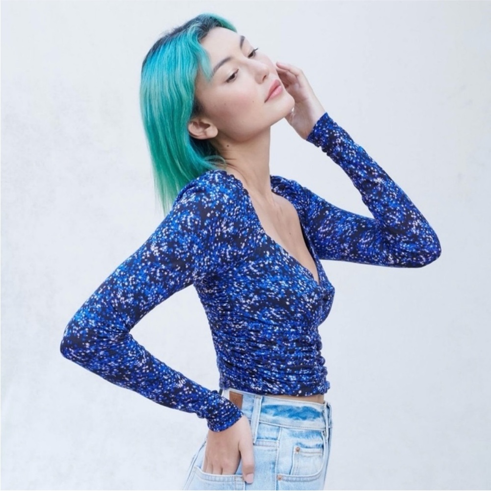 Urban Outfitters Black and Blue Patterned Ruched Long Sleeve